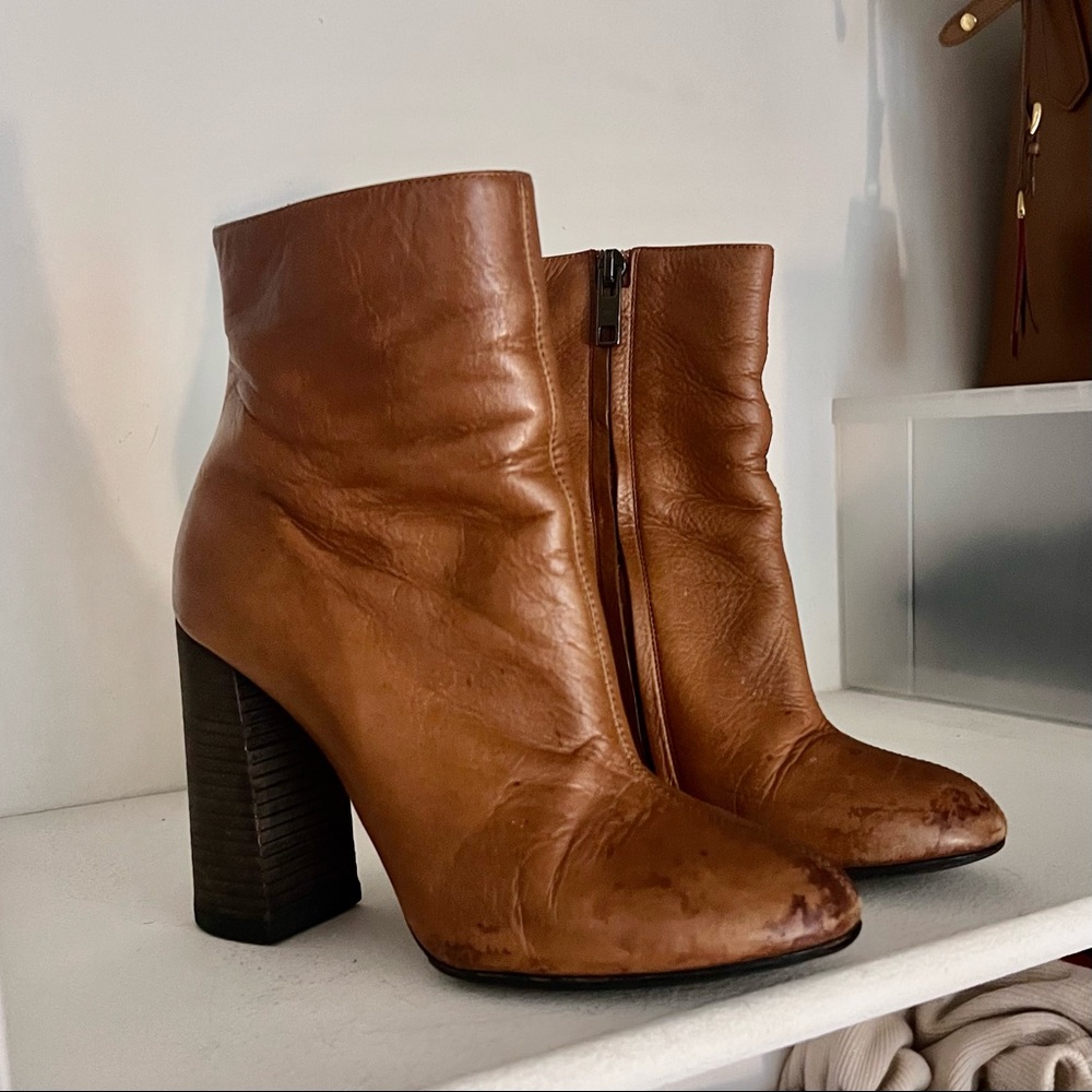 Chloe Brown Leather Block Heel Ankle Boots Size 38.5